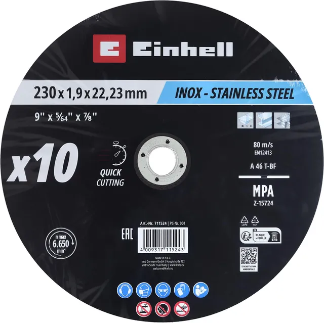 einhell-lote-de-10-discos-de-corte-230x2-mm-para-metal-e-inoxidable image 1