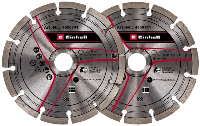 einhell-set-de-2-discos-de-corte-de-diamante-150mm-con-orificio-22-2mm-para-roza image 1